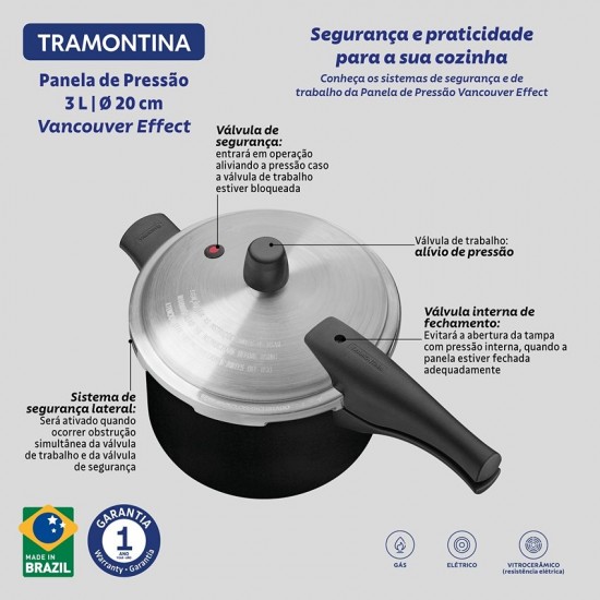 Panela de Pressão 3 Litros 20cm Tramontina Vancouver em Alumínio com Revestimento Interno e Externo Antiaderente Starflon Max Preto